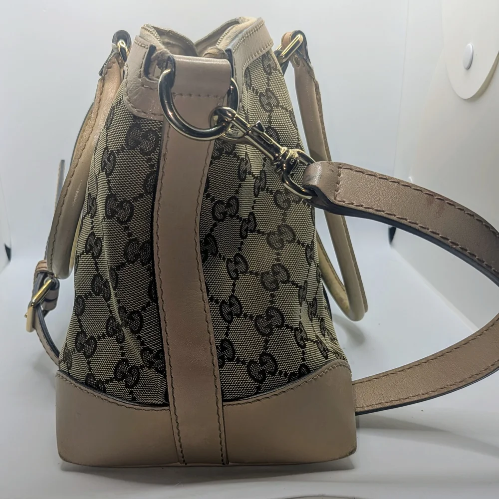 💢 Pristine💢 Gucci Beige And Brown Boston Canvas Stripe Satchel - Picture 4 of 9